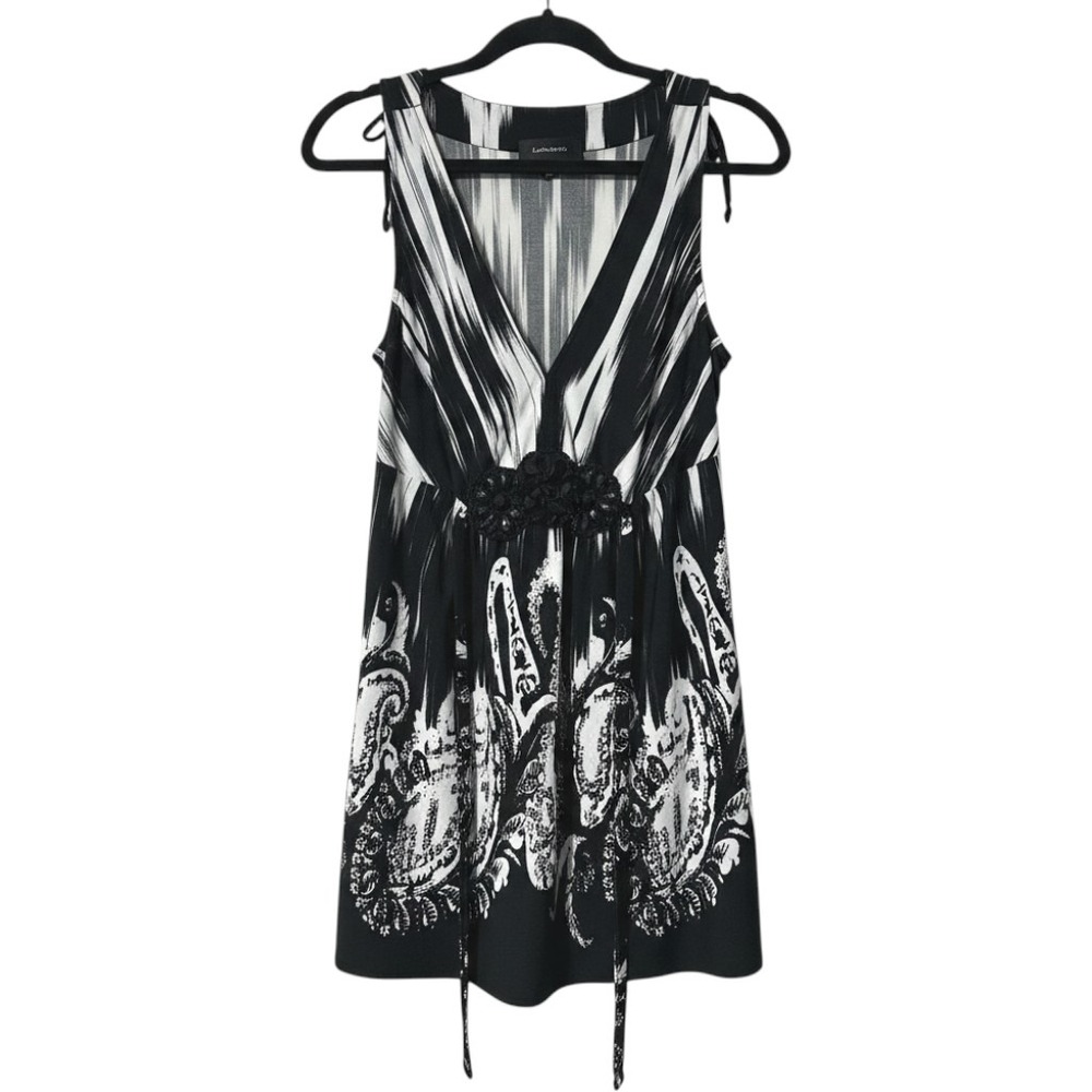R&M Richards Dress Womens 16 Black White Abstract Paisley Beaded Empire Waist